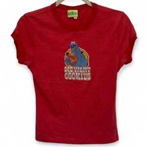 Y2K Sesame Street Cookie Monster Me Want Cookies Red Short Sleeve Shirt